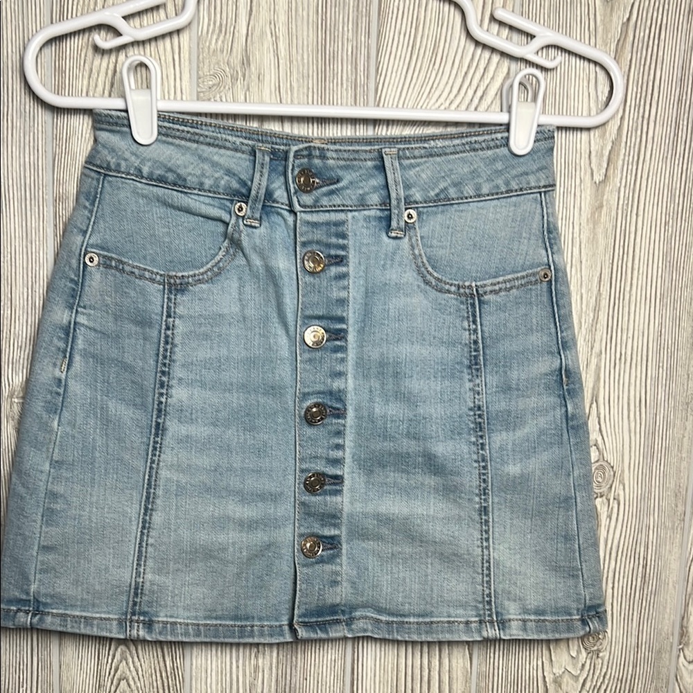 American Eagle Skirt Womens 0 Hi-Rise A Line Denim Jean Button Front Coastal Min